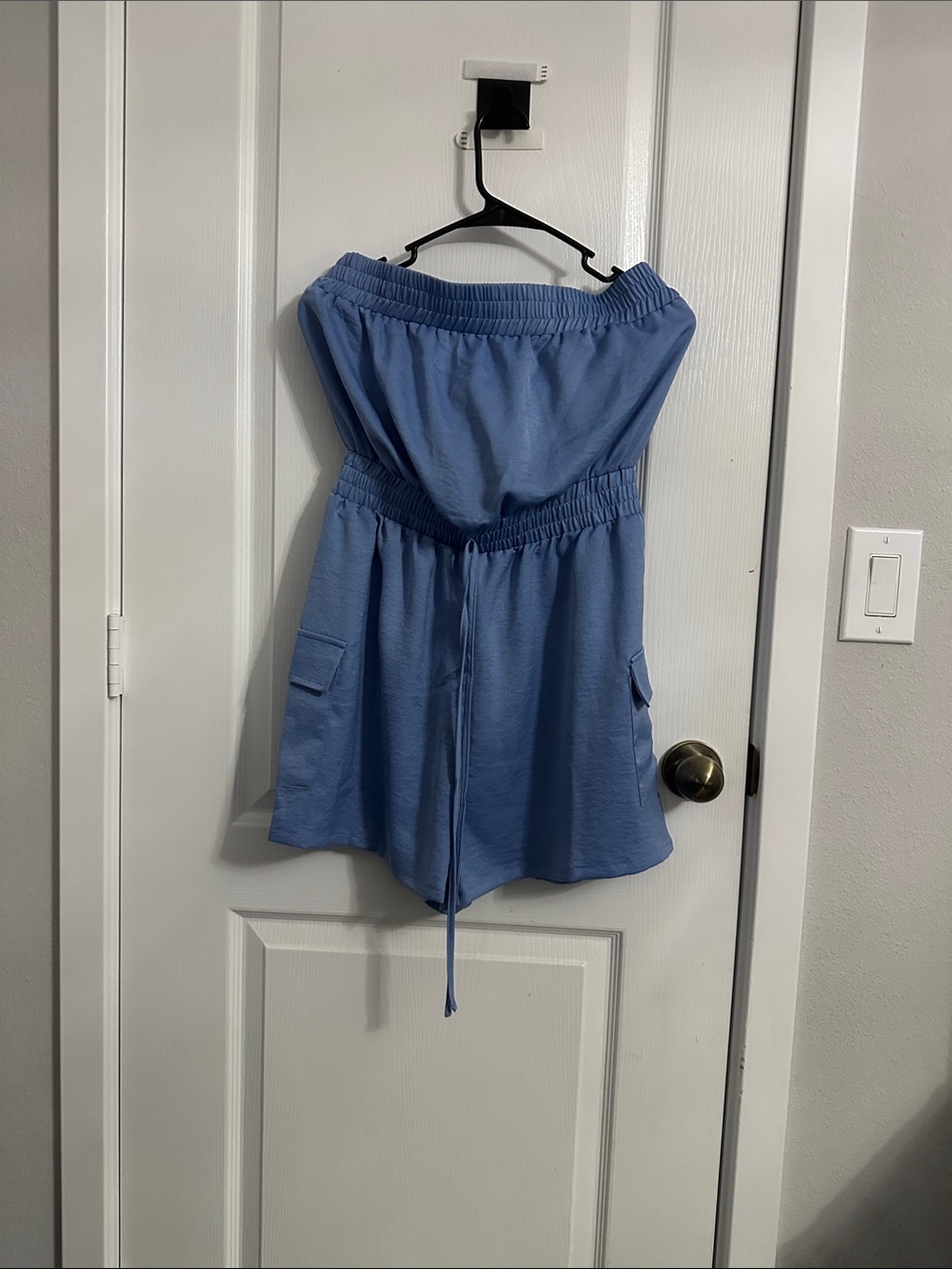 Strapless Drawstring Romper in Periwinkle Blue